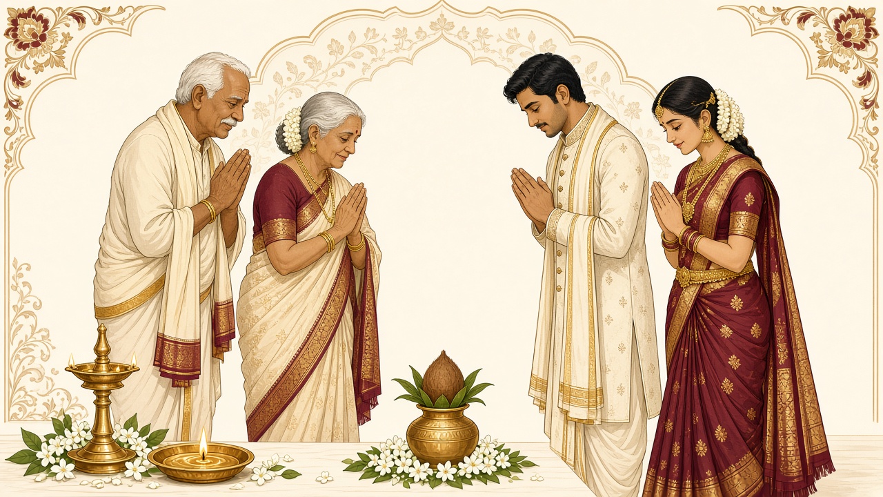 Illustration of the couple receiving blessings from their families.