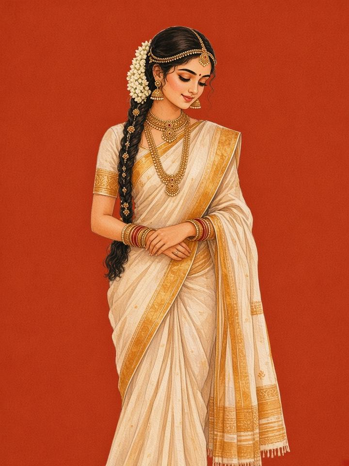 Traditional illustration of a bride in a cream and gold saree with jasmine in her hair.