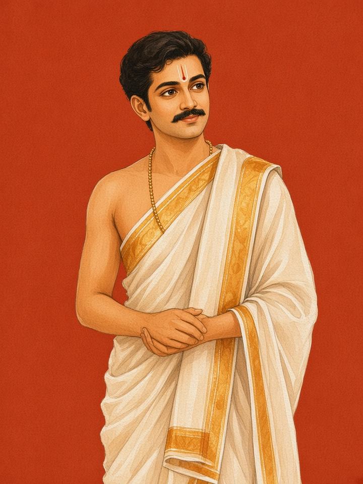 Traditional illustration of a groom in a cream and gold angavastram.