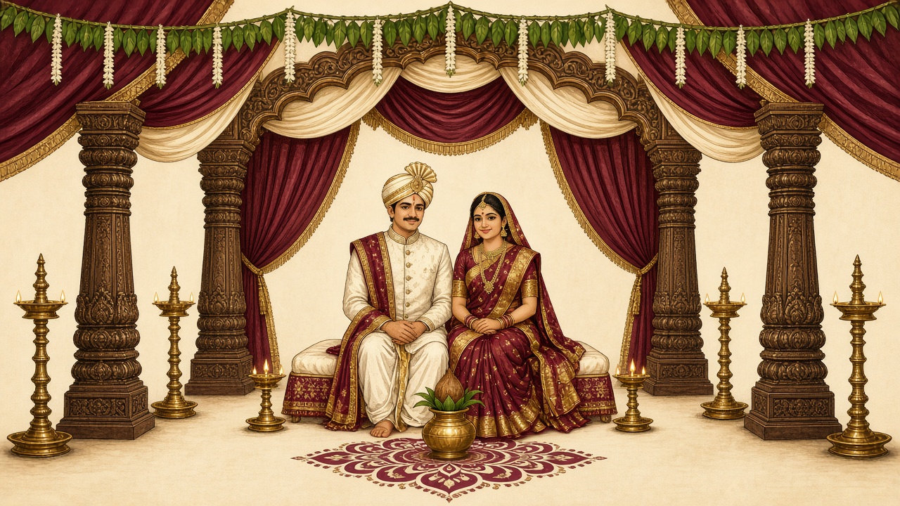 Watercolor of a wedding mandapam with mango-leaf torana, jasmine, lotus flowers, a kalash, and two oil lamps.